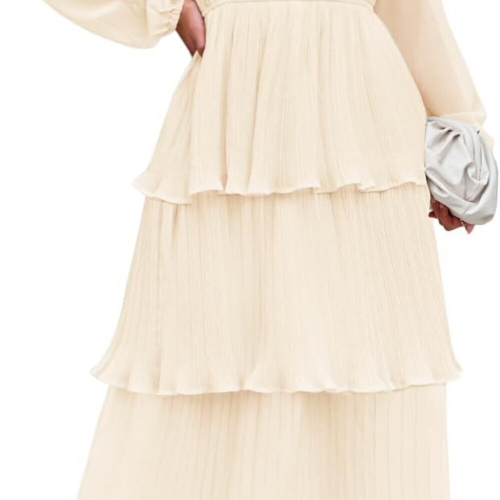 Women's 2025 Long Sleeve Crew Neck Ruffle Tiered Layered Chiffon Flowy Swing Lon